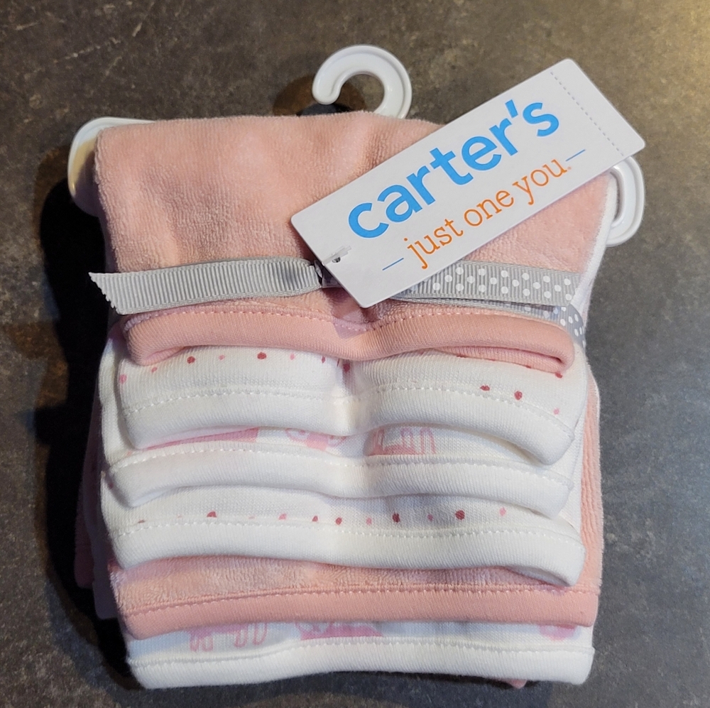 Carter's 6 Pack Pink Wash Cloths Baby Shower Girl Gift Set NWT Sheep Polka Dots